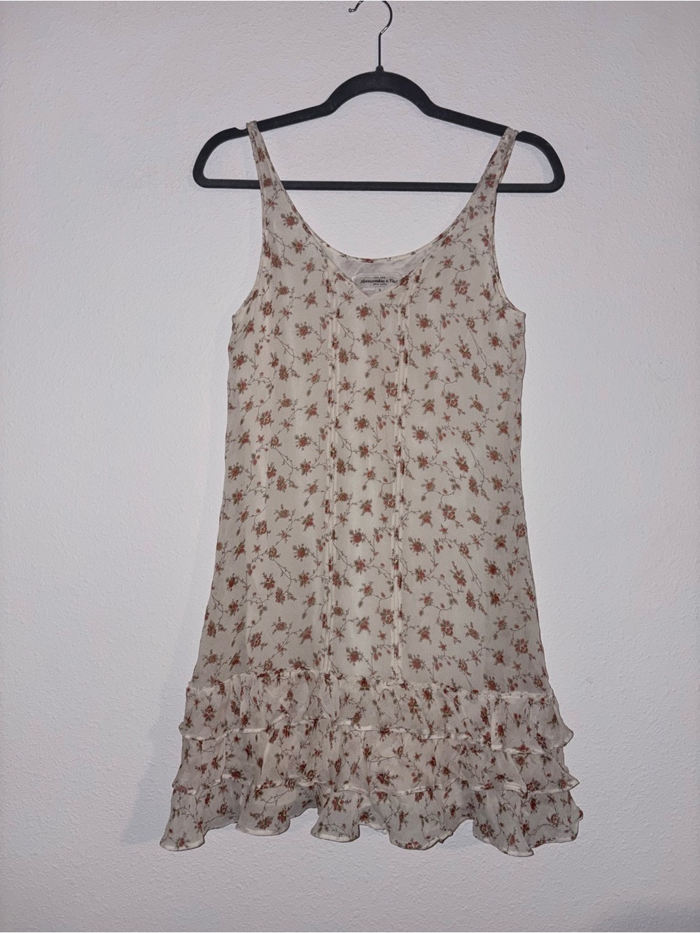 Abercrombie & Fitch Cream Silk Floral Ruffle-Hem Mini Dress